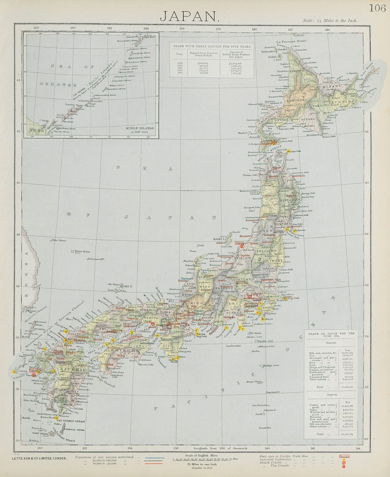 JAPAN. Lighthouses & British Consuls. Silk & tea exports. LETTS 1884 old map